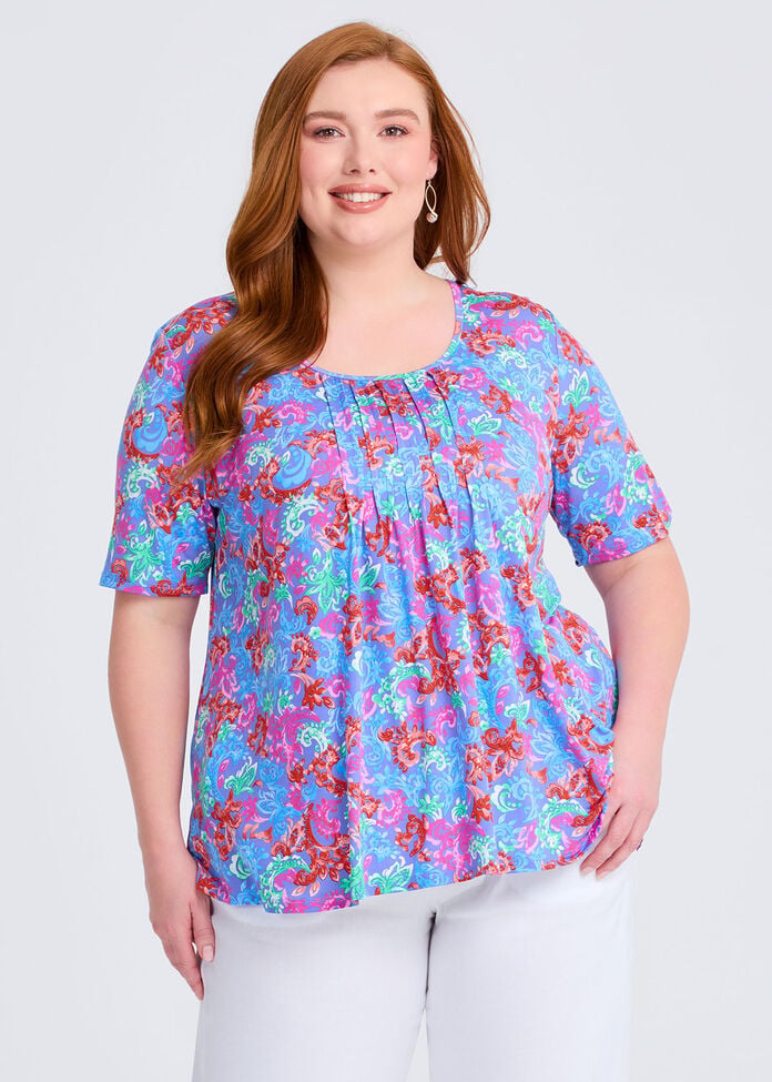 Printed Pintuck Top, , hi-res