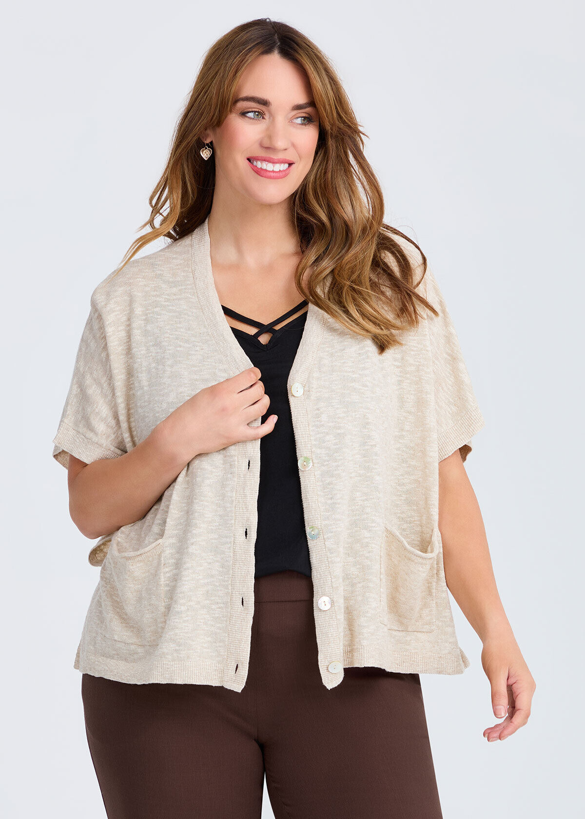 Shop Plus Size Linen Cotton Slub Knit Cardigan, Nude | Taking Shape NZ