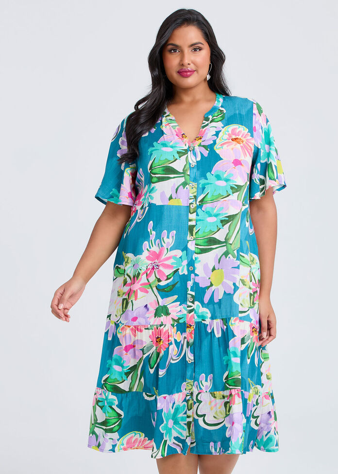 Natural Pastel Floral Button Dress, , hi-res