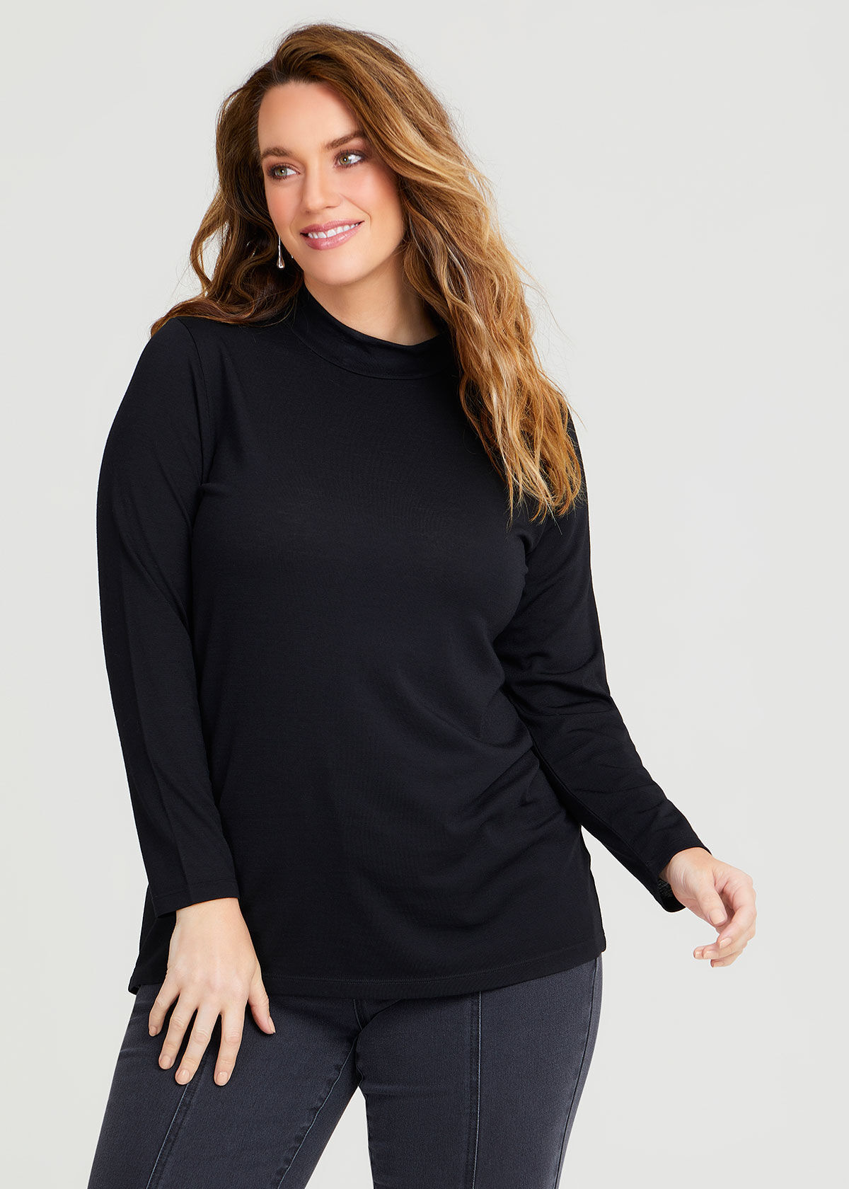Shop Plus Size Wool Bamboo Mock Neck Top in Black Taking Shape NZ