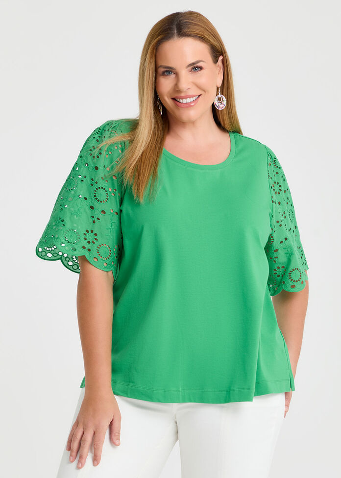 Cotton Broderie Sleeve T-shirt, , hi-res