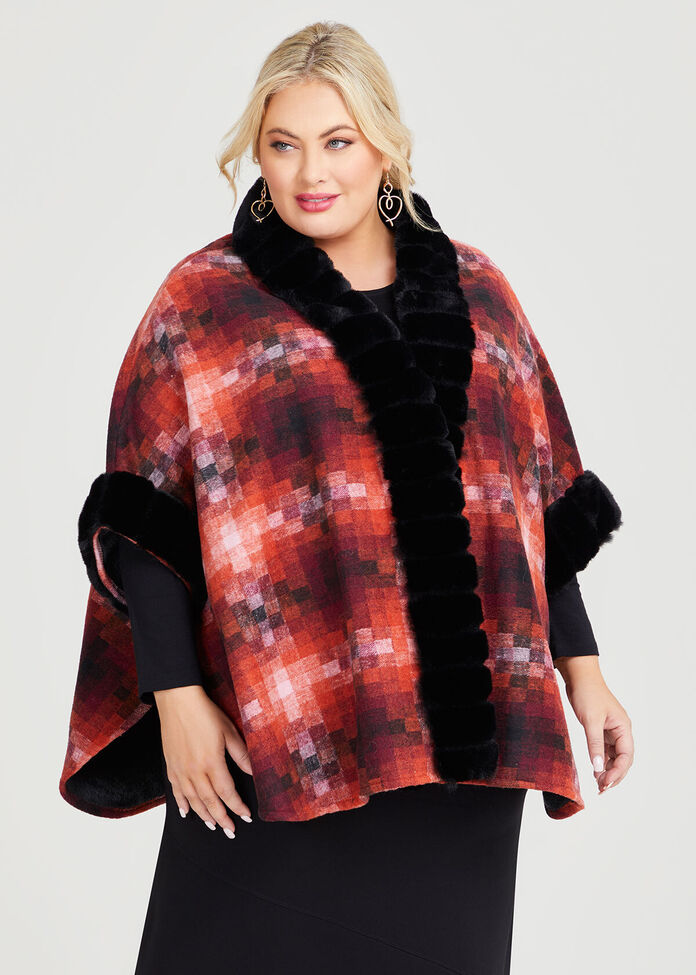 Multicolour Fur Trim Cape, , hi-res