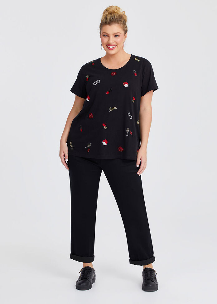 Cotton Embellished Love T-shirt, , hi-res