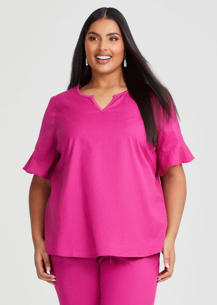Cotton Linen Flutter Sleeve Top, , hi-res