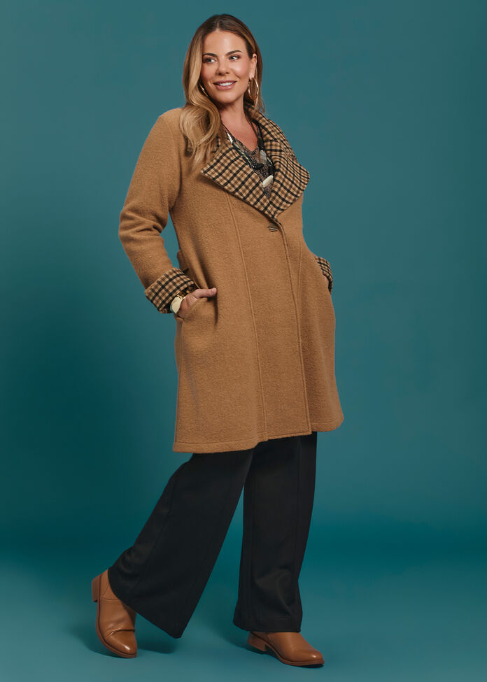 Madison Check Trim Boiled Wool Coat, , hi-res