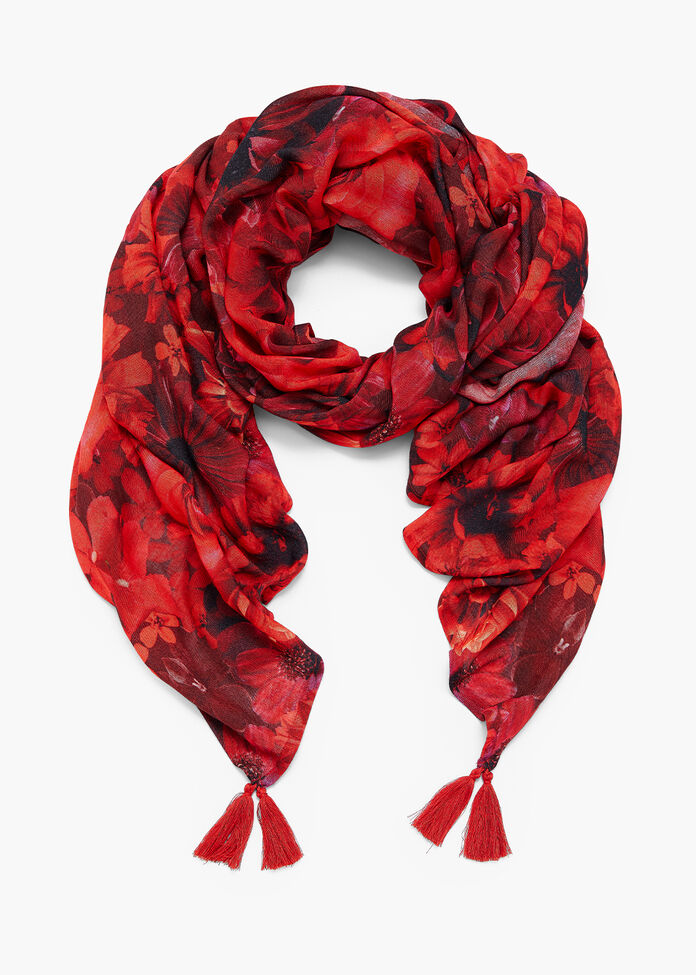 Red Floral Tassel Scarf, , hi-res