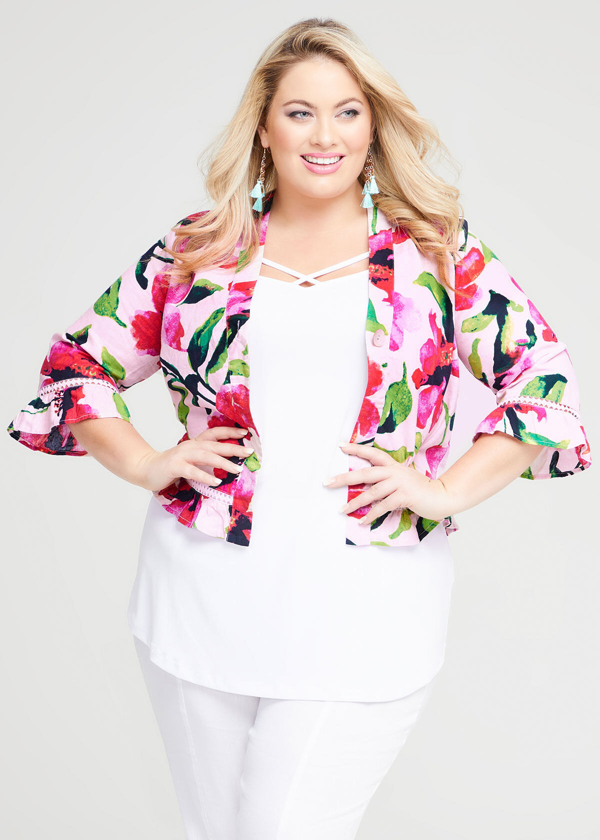Shop Plus Size Linen Bloom Ruffle Jacket in Multi Taking Shape AU