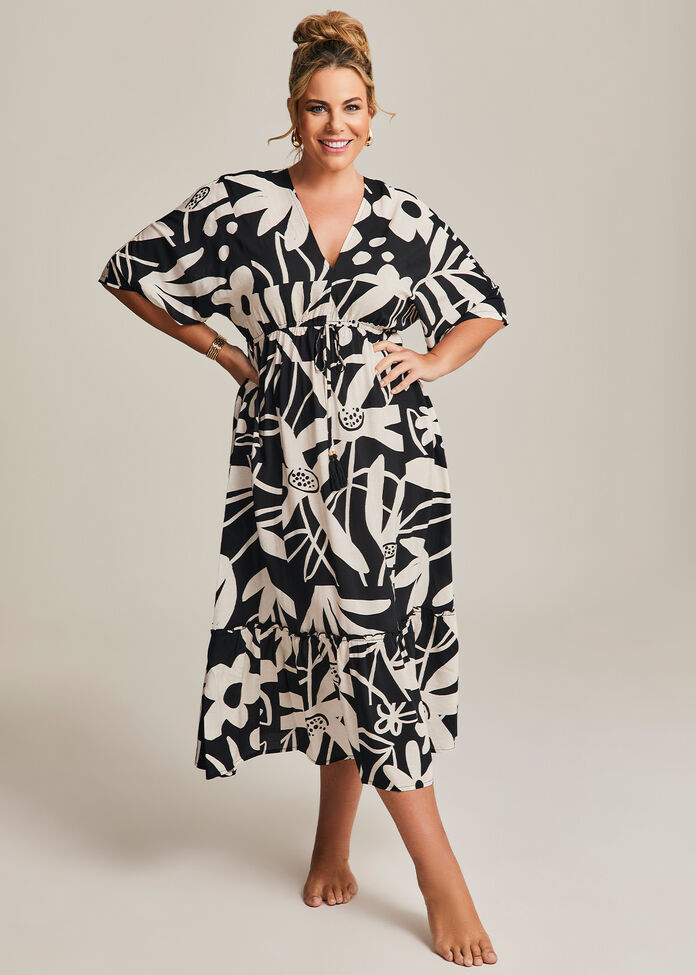 Natural Monotone Floral Dress, , hi-res