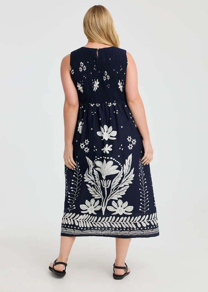 Cotton Shirred Floral Dress, , hi-res