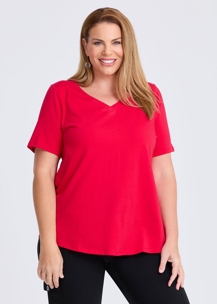 Shop Plus Size Organic Cotton V-neck T-shirt, Red Taking Shape UK