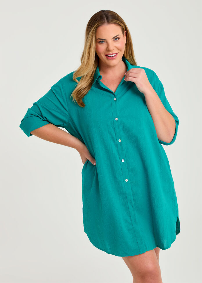 Cotton Seersucker Cover Up Shirt, , hi-res