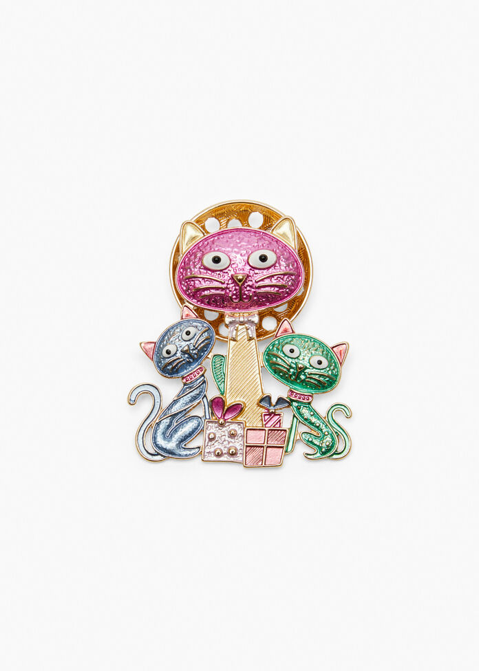 Enamel Cat Trio Brooch, , hi-res