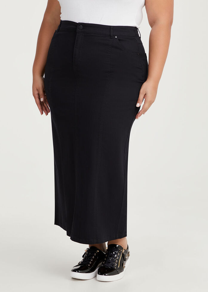 Shop Plus Size Seam Detail Denim Maxi Skirt, Black Taking Shape AU