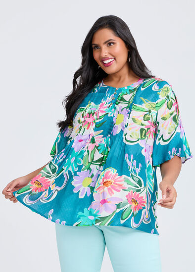 Plus Size Natural Pastel Floral Pintuck Top