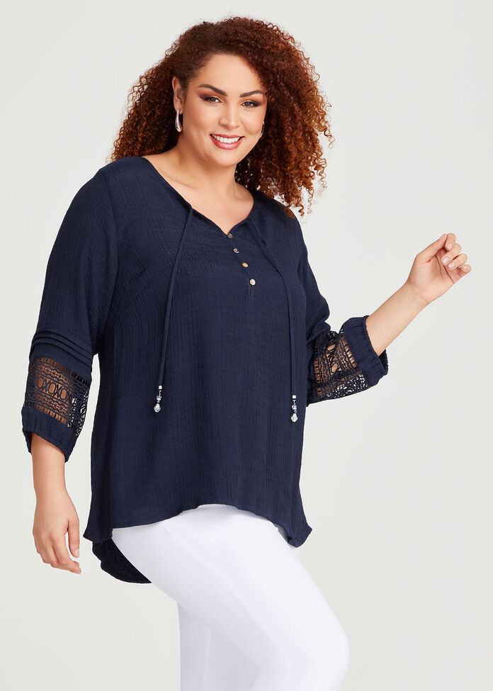 Lace Trim Crinkle Natural Top, , hi-res