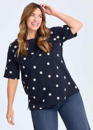 Plus Size Cotton Embroidery Daisy T-shirt