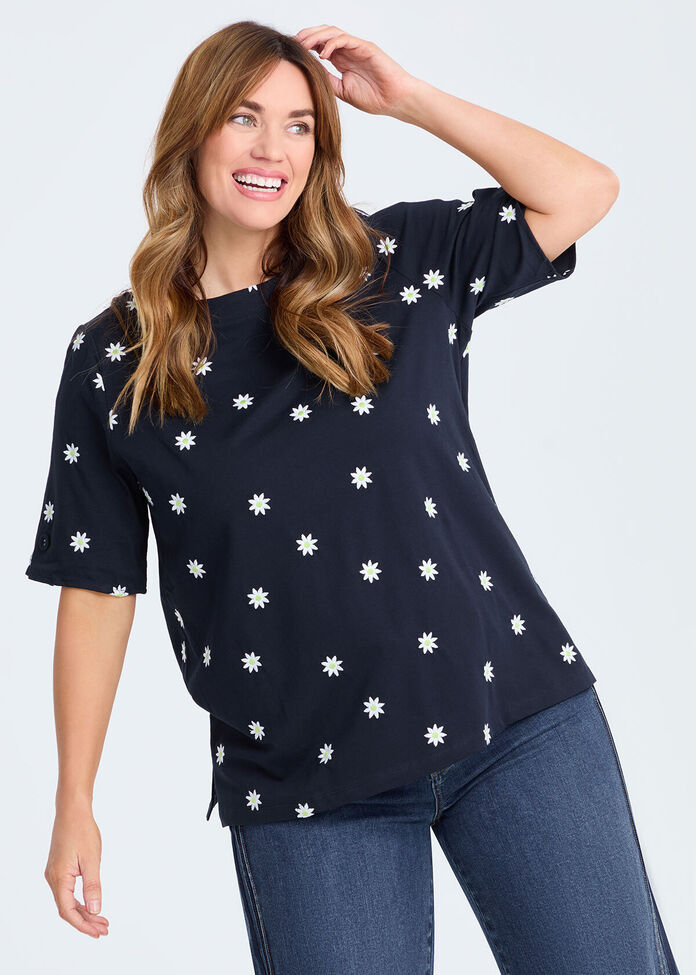 Cotton Embroidery Daisy T-shirt, , hi-res