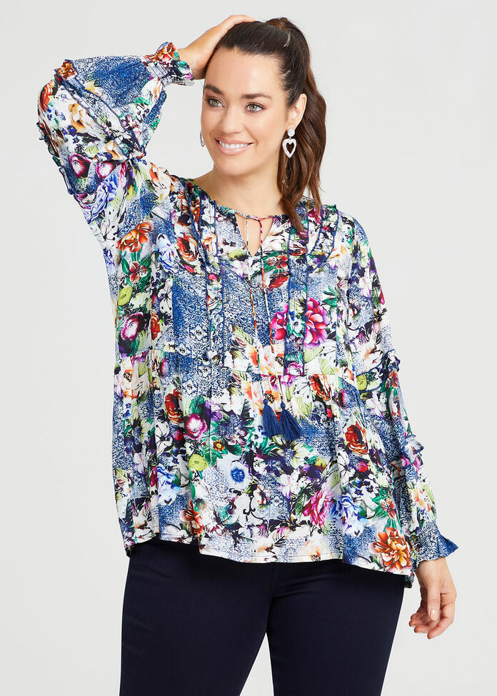 Shop Plus Size Natural Ruffle Trim Floral Top in Multi | Sizes 12-30 ...