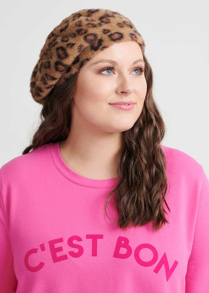 Leopard Fuzzy Knit Beret, , hi-res
