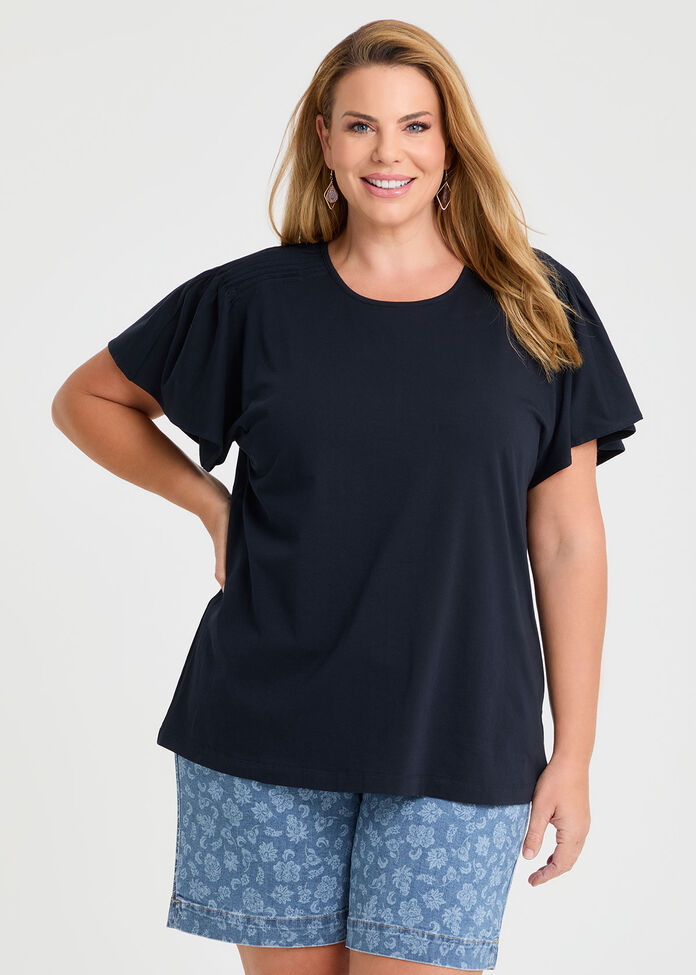 Cotton Pintuck Flutter Top, , hi-res