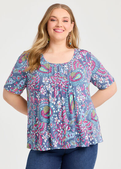 Plus Size Printed Pintuck Top