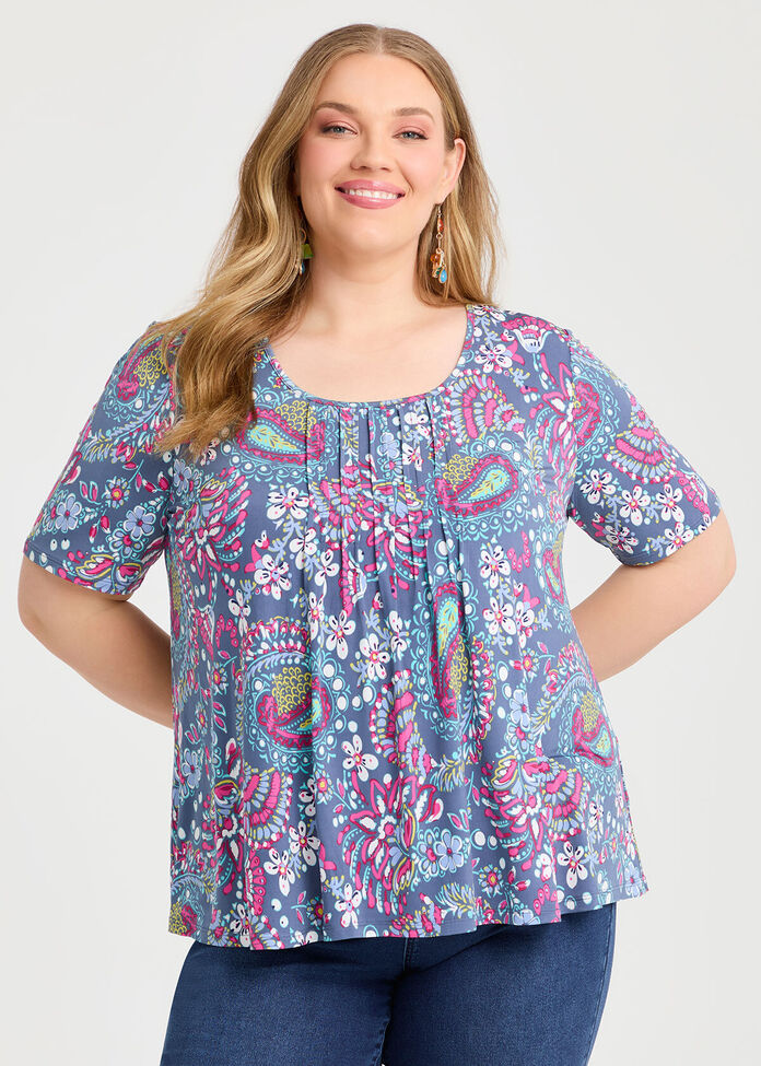 Printed Pintuck Top, , hi-res