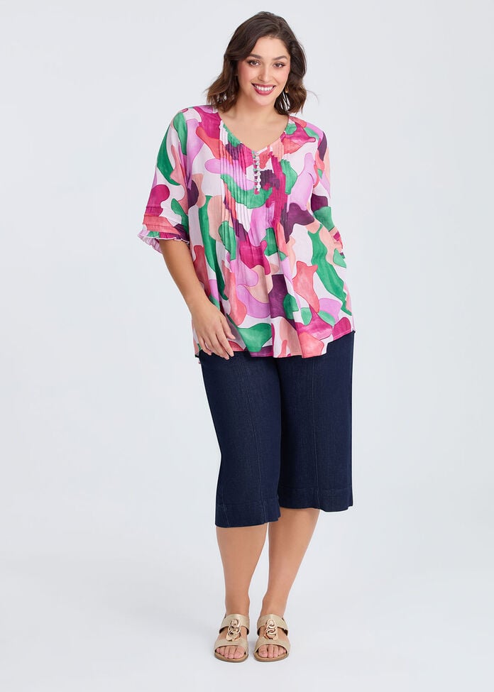 Cotton Mosaic Abstract Pintuck Top, , hi-res