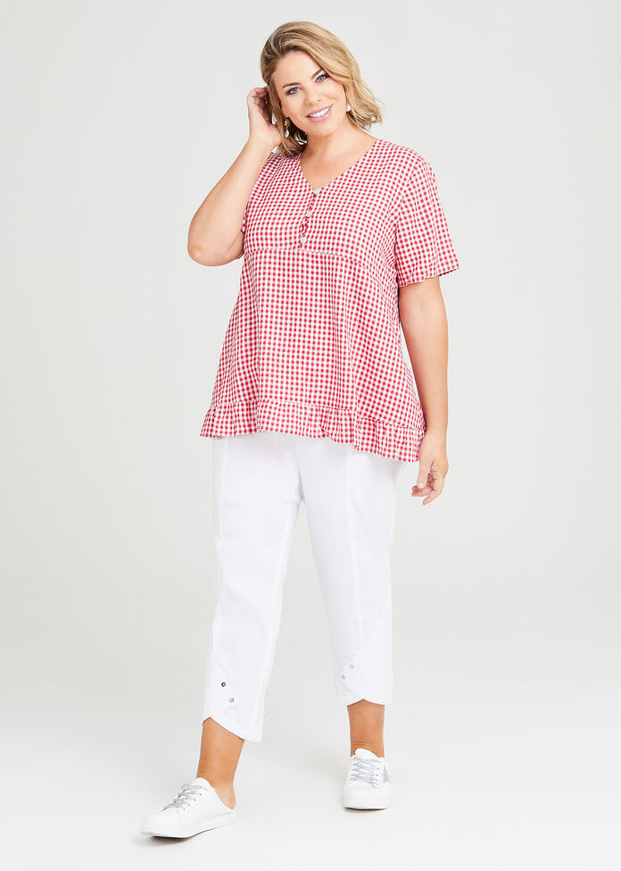 Linen Gingham Ruffle Top, , hi-res