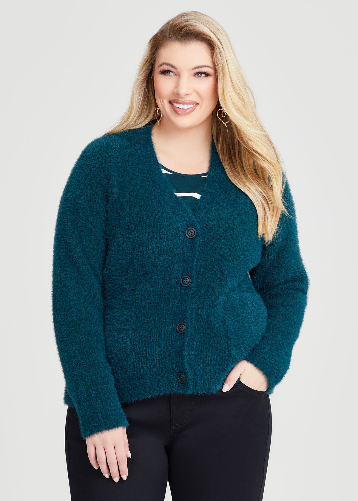 Shop Plus Size Fluffy Knit Short Cardigan in Green Taking Shape AU