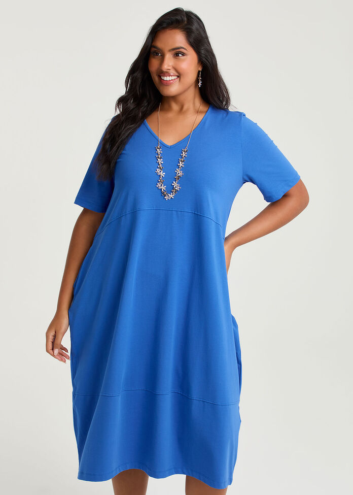 Cotton Talia Short Slv V-neck Dress, Blissful Blue, hi-res