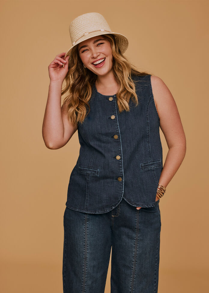 Denim Button Up Vest, , hi-res