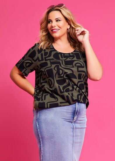 Plus Size Cotton Abstract Print Top