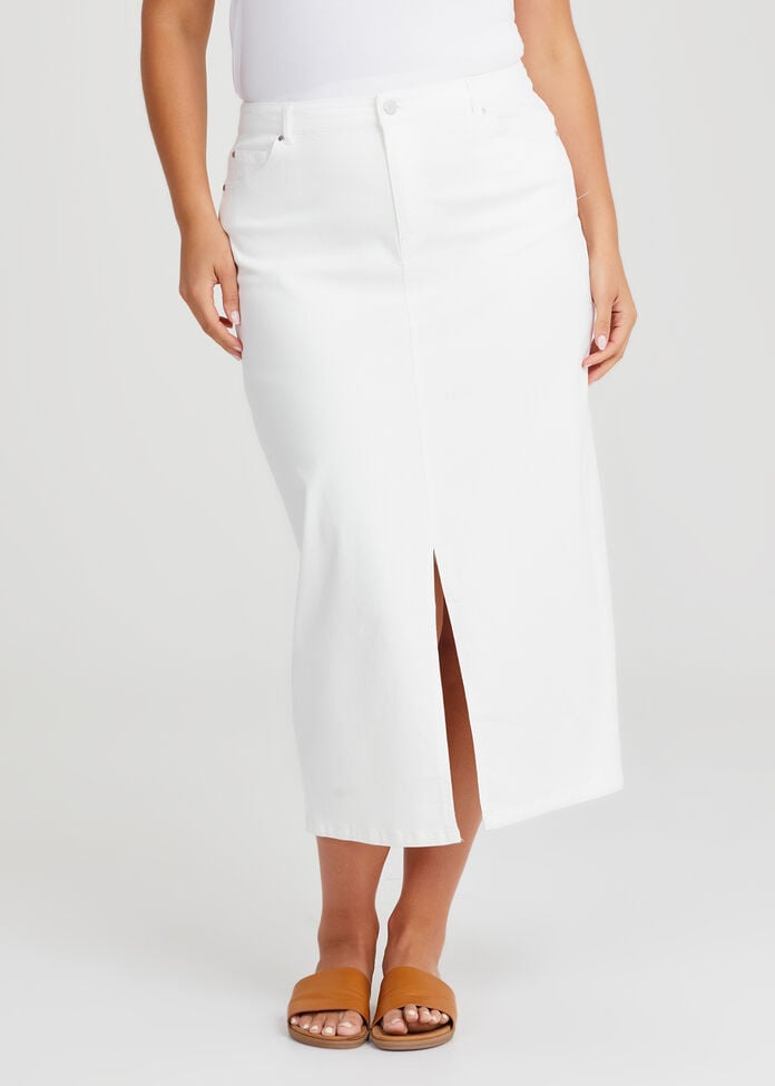 Shop Plus Size Cotton Blend Denim Maxi Skirt in White Taking