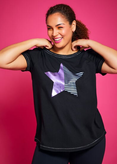 Plus Size Bamboo Spliced Foil Star Top