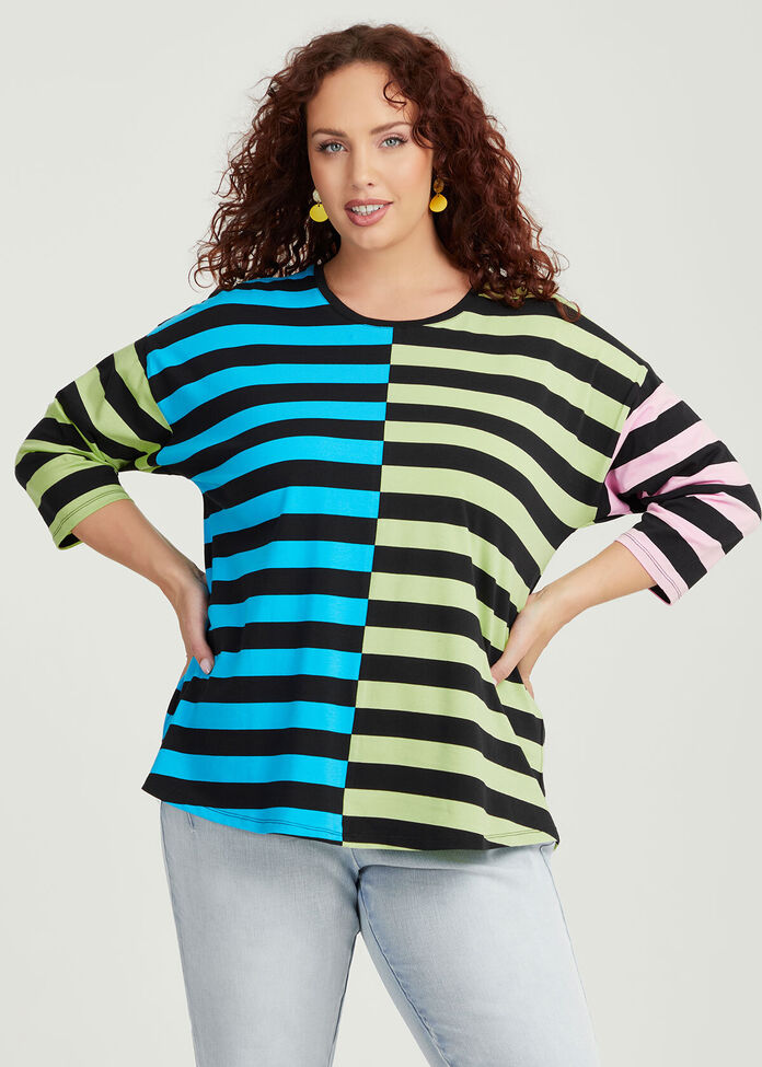 Cotton Spliced Stripe T-shirt, , hi-res