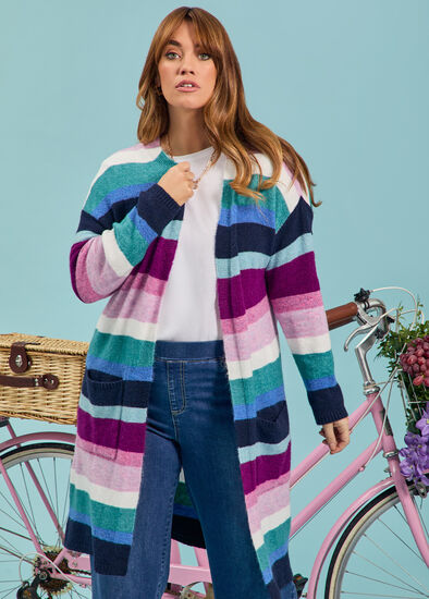 Plus Size Longline Multi Stripe Cardigan