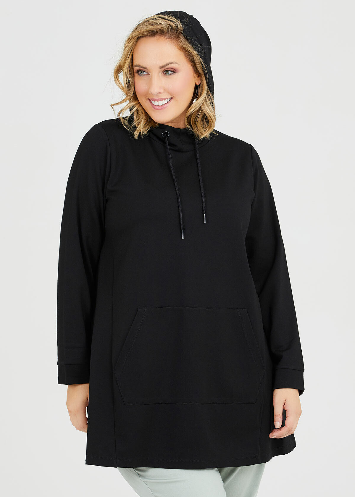 Shop Plus Size Bamboo Ponte Hooded Tunic in Black Taking Shape AU
