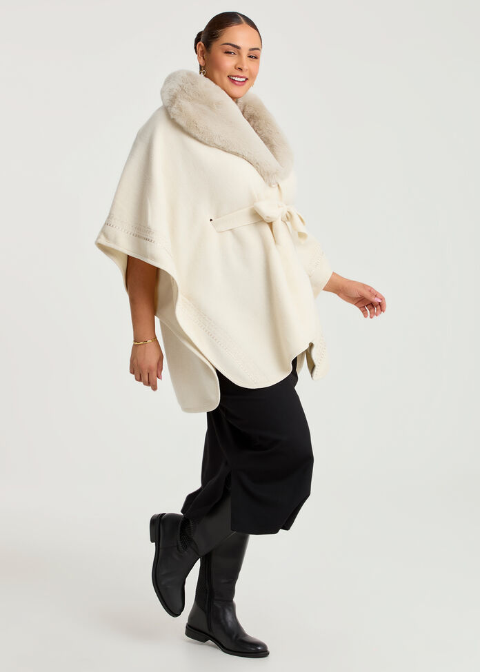 Embroidered Fur Tie Up Cape, , hi-res