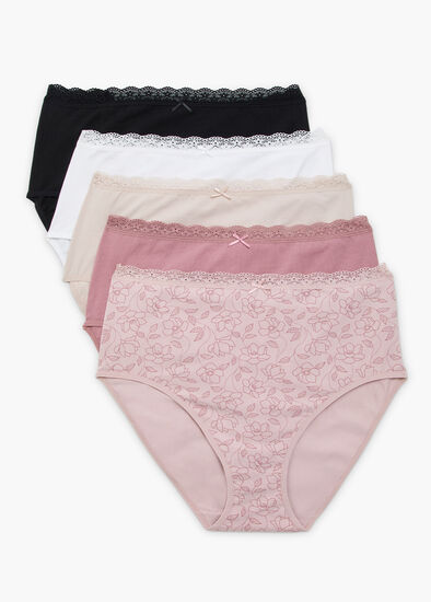 Plus Size 5 Pack Cotton Floral Lace Briefs