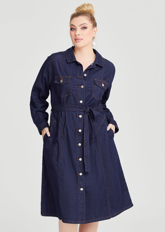 Cotton Chambray Shirt Dress, , hi-res