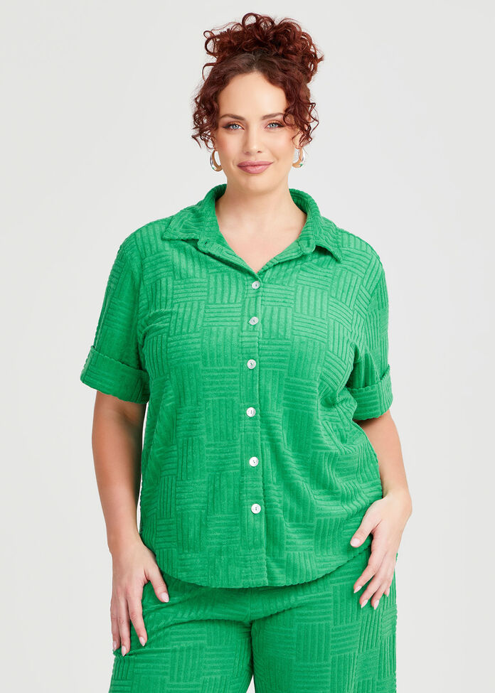 Casual Terry Button Up Shirt, GREEN, hi-res