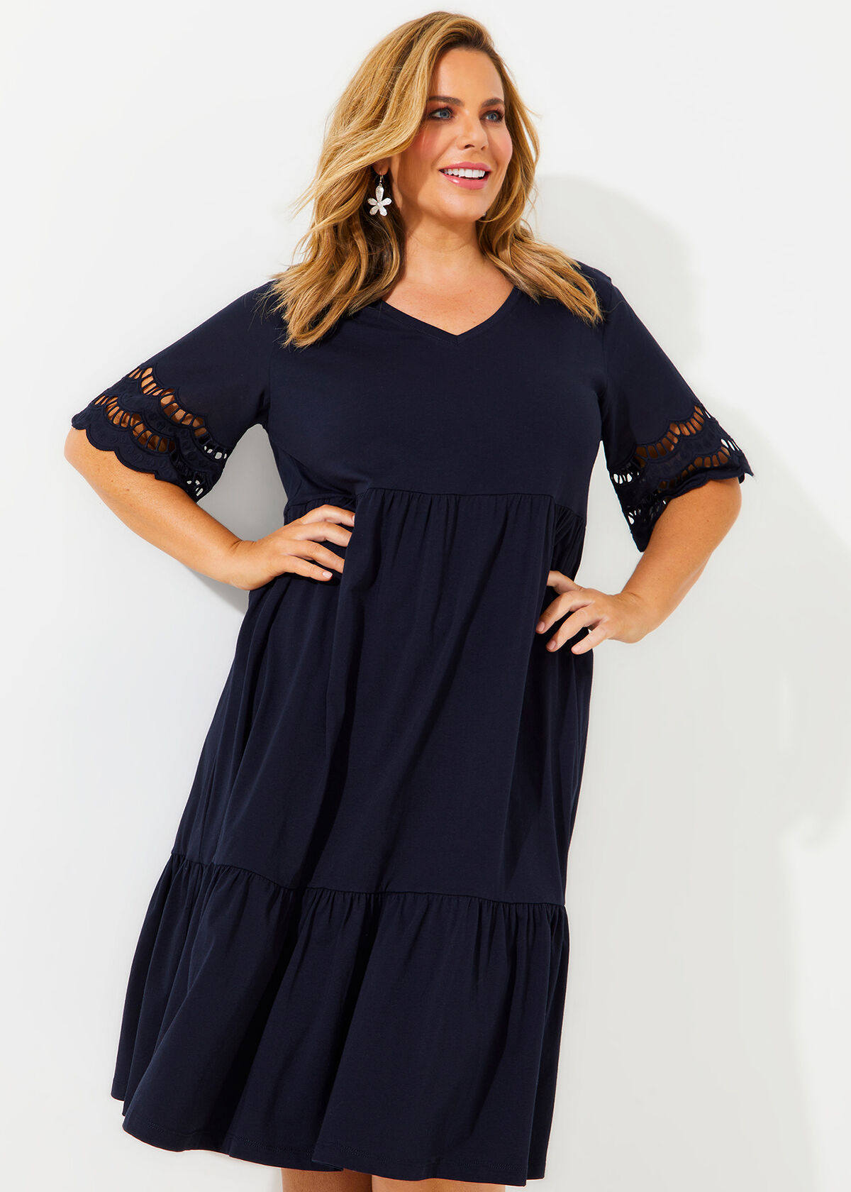 Shop Plus Size Cotton Scallop Sleeve Dress in Blue Taking Shape AU
