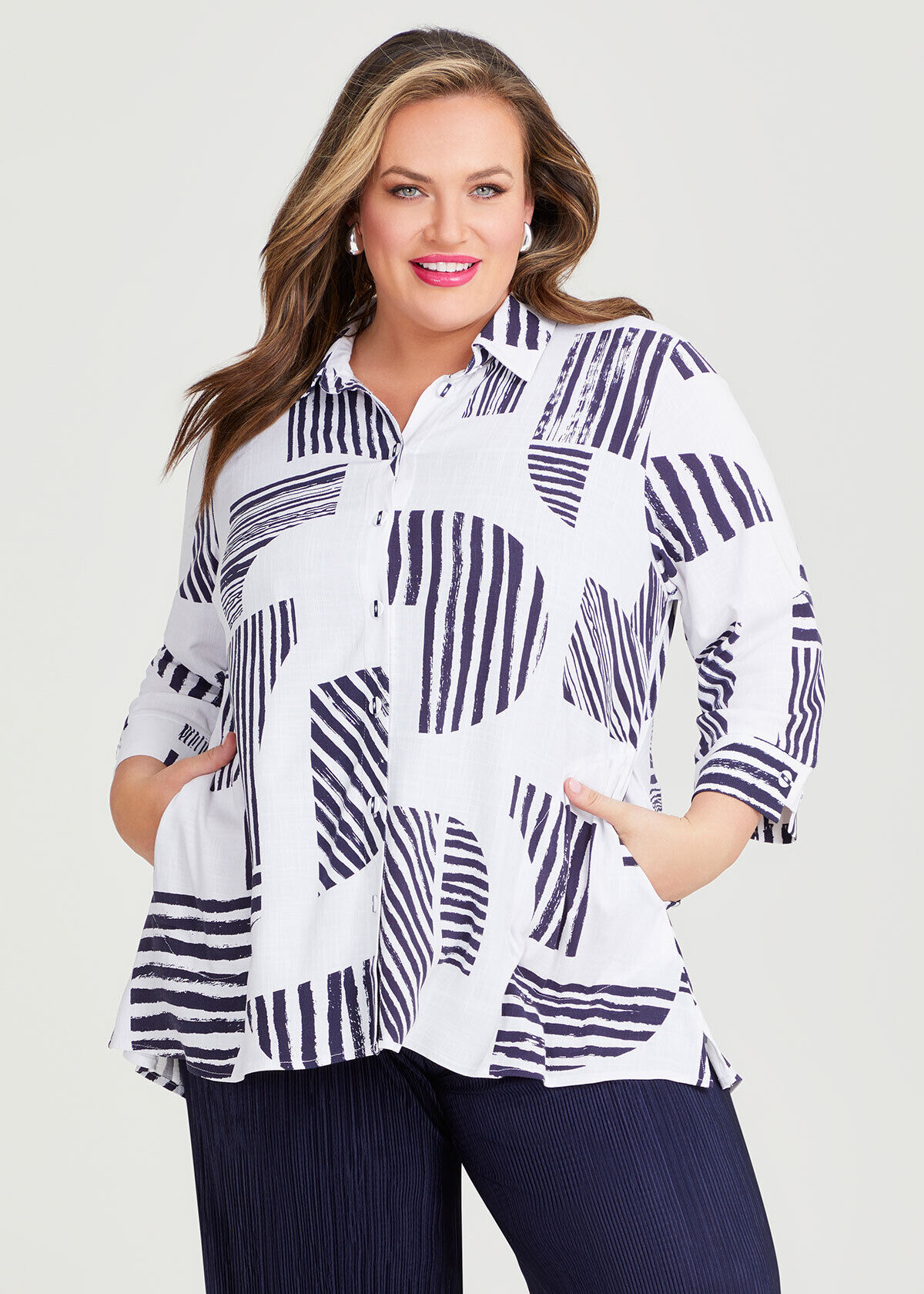 Black and white striped shirt plus size top
