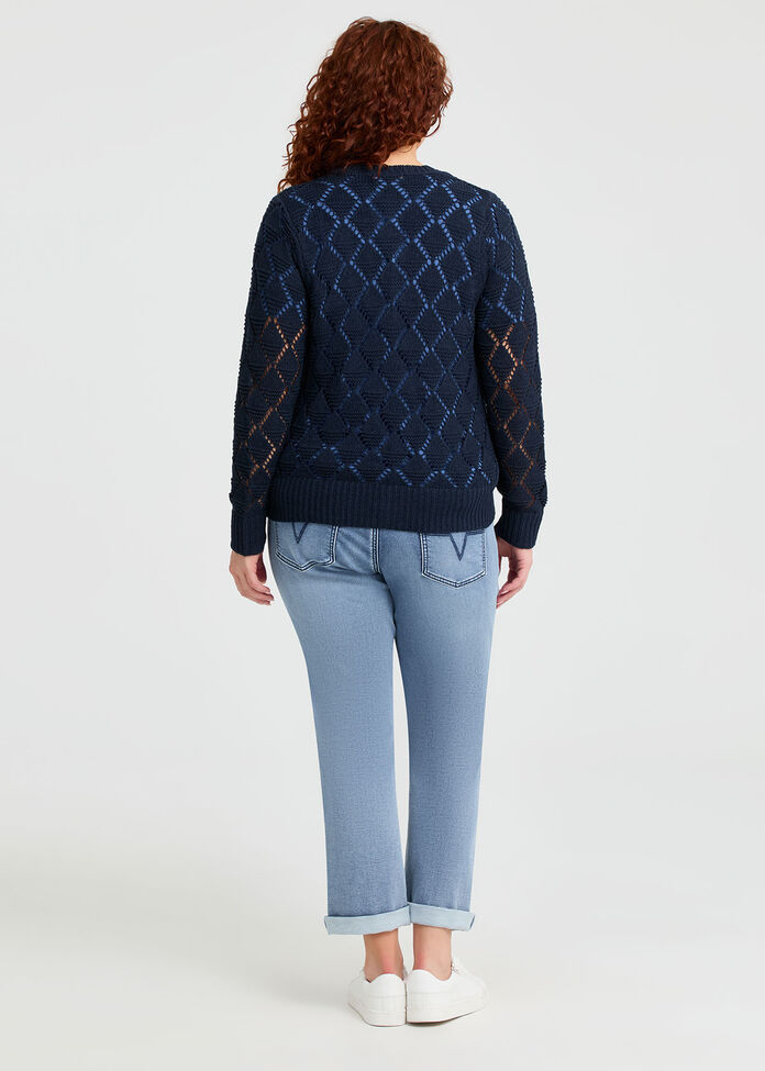 Cotton Blend Open Knit Cardigan, NAVY, hi-res
