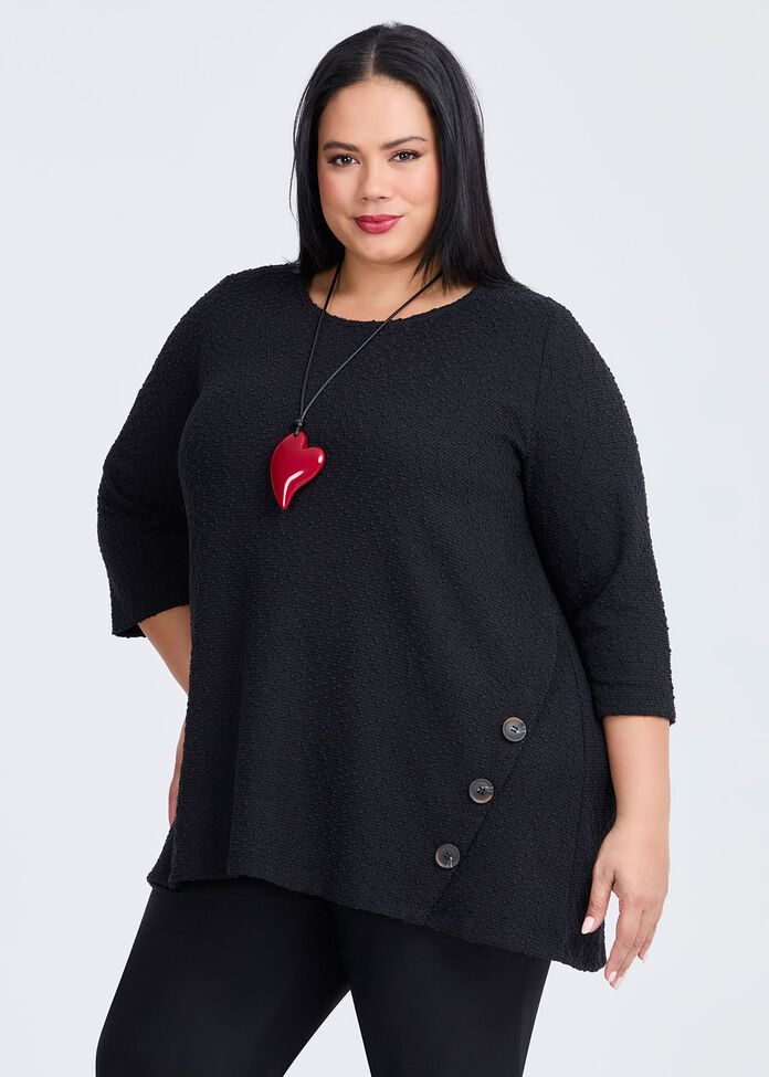 Textured Button Detail Top, BLACK, hi-res