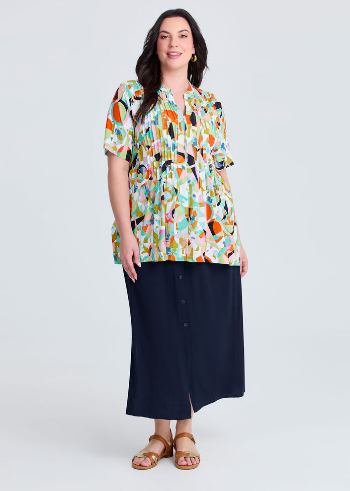 Zoe Zip Neck Pintuck Natural Top, , hi-res