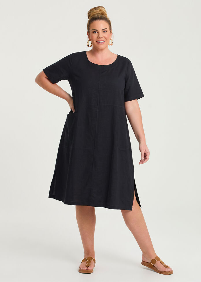 Cotton Linen Spliced Dress, , hi-res