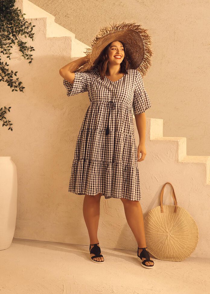 Cotton Gingham Tiered Dress, , hi-res