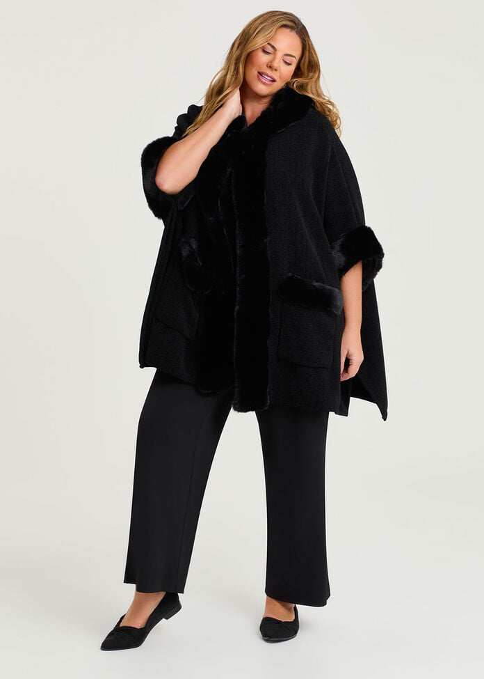 Hooded Fur Luxurious Cape, BLACK, hi-res