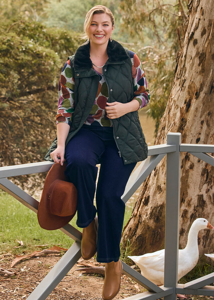Fur Collar Quilted Vest, , hi-res